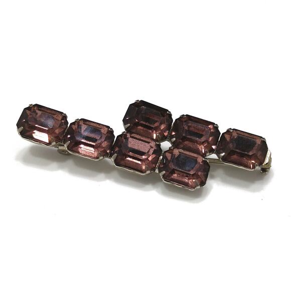 Antique Art Deco Purple Glass Double Bar Brooch, Prong Set, C Clasp, 1920s - Picture 3 of 10